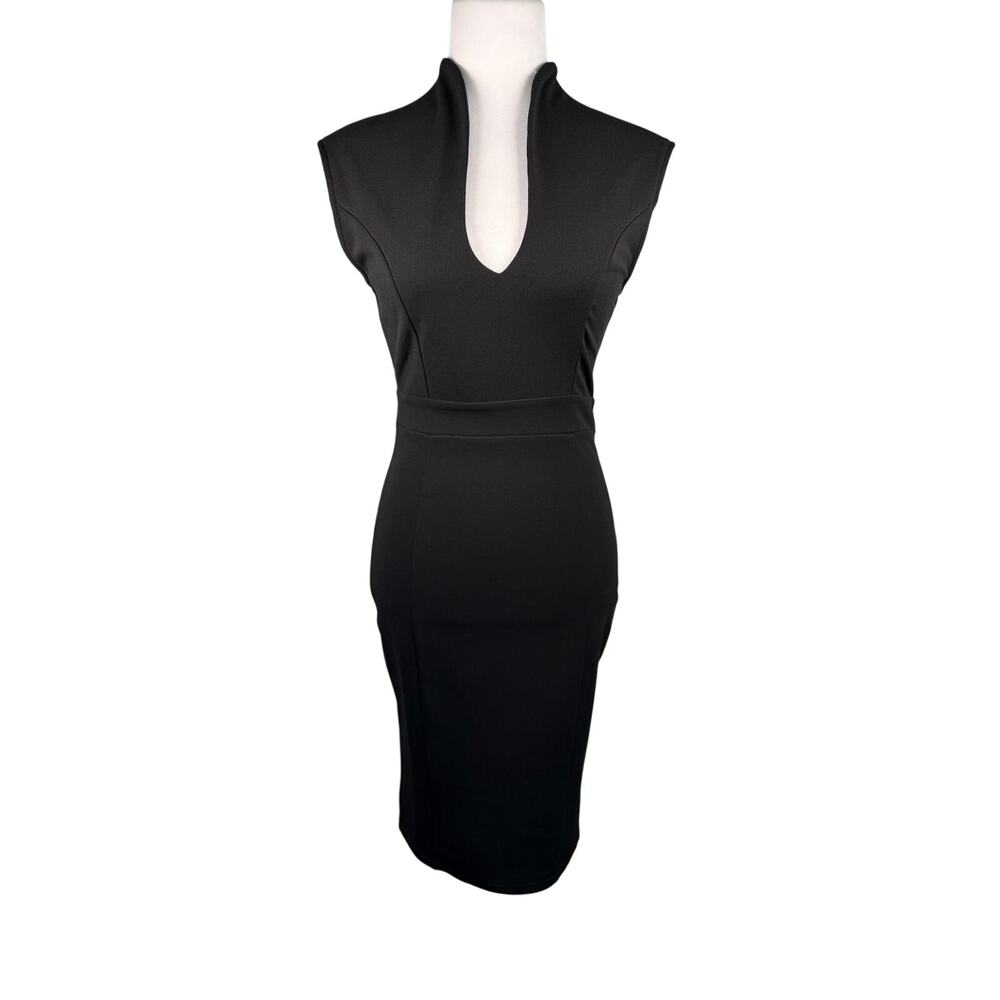 Privy Black Midi V-neckline Bodycon Cocktail Dress Medium